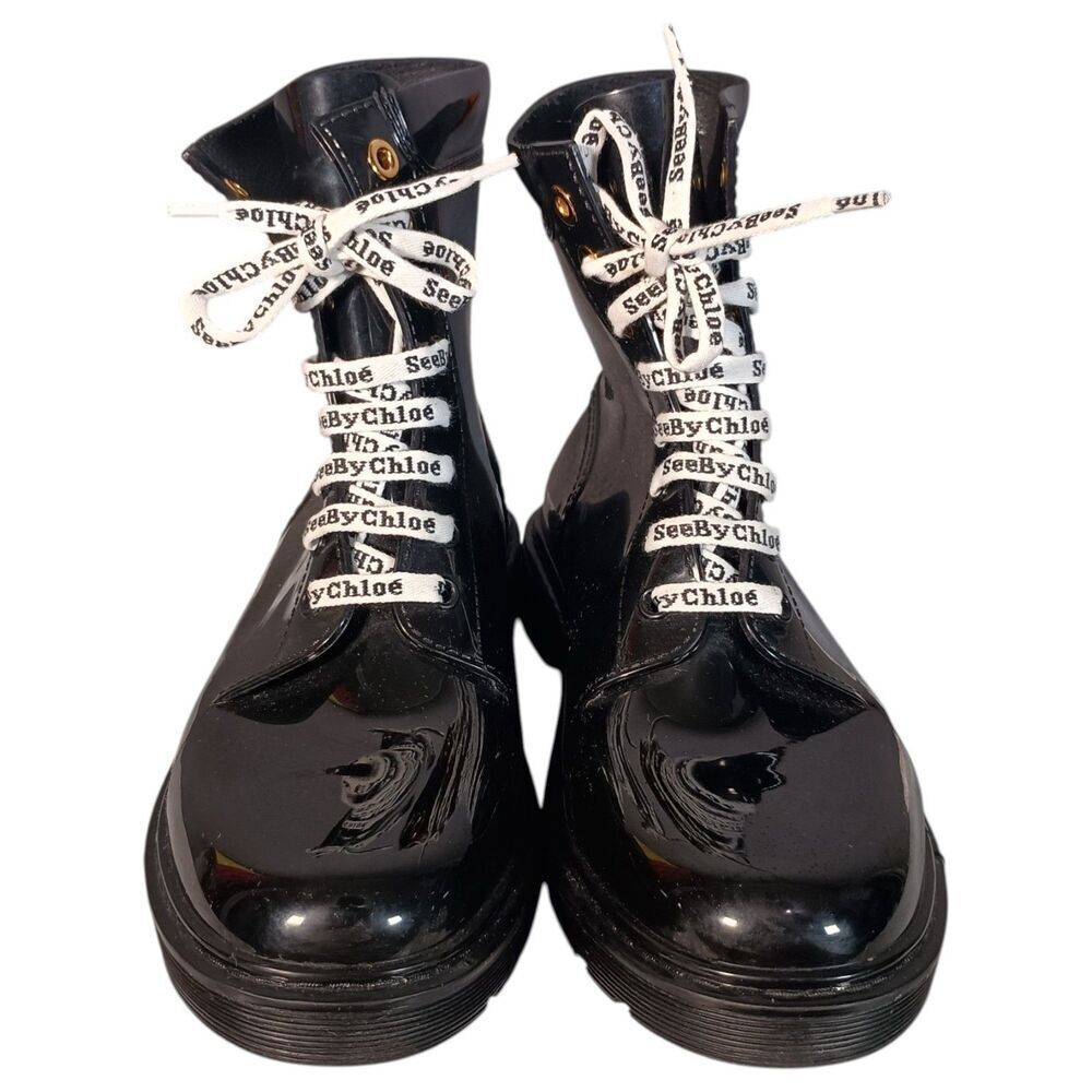 See By Chloe Combat Boots Women 40/US 10 Black Rubber Logo Lace Up - Picture 3 of 10